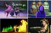 Composizione di quattro fotografie di uguali dimensioni che raffigurano momenti della rappresentazione teatrale scritta e diretta da Alexandra Zambà dedicata alla regina di Cipro Caterina Cornaro
